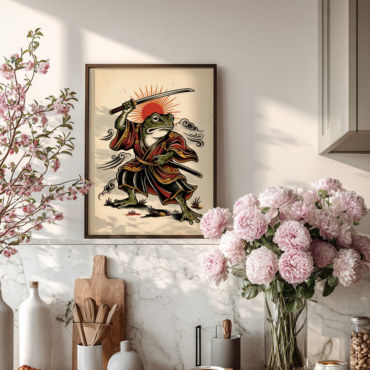 Poster of a samurai frog in red robes wielding a katana with a sun