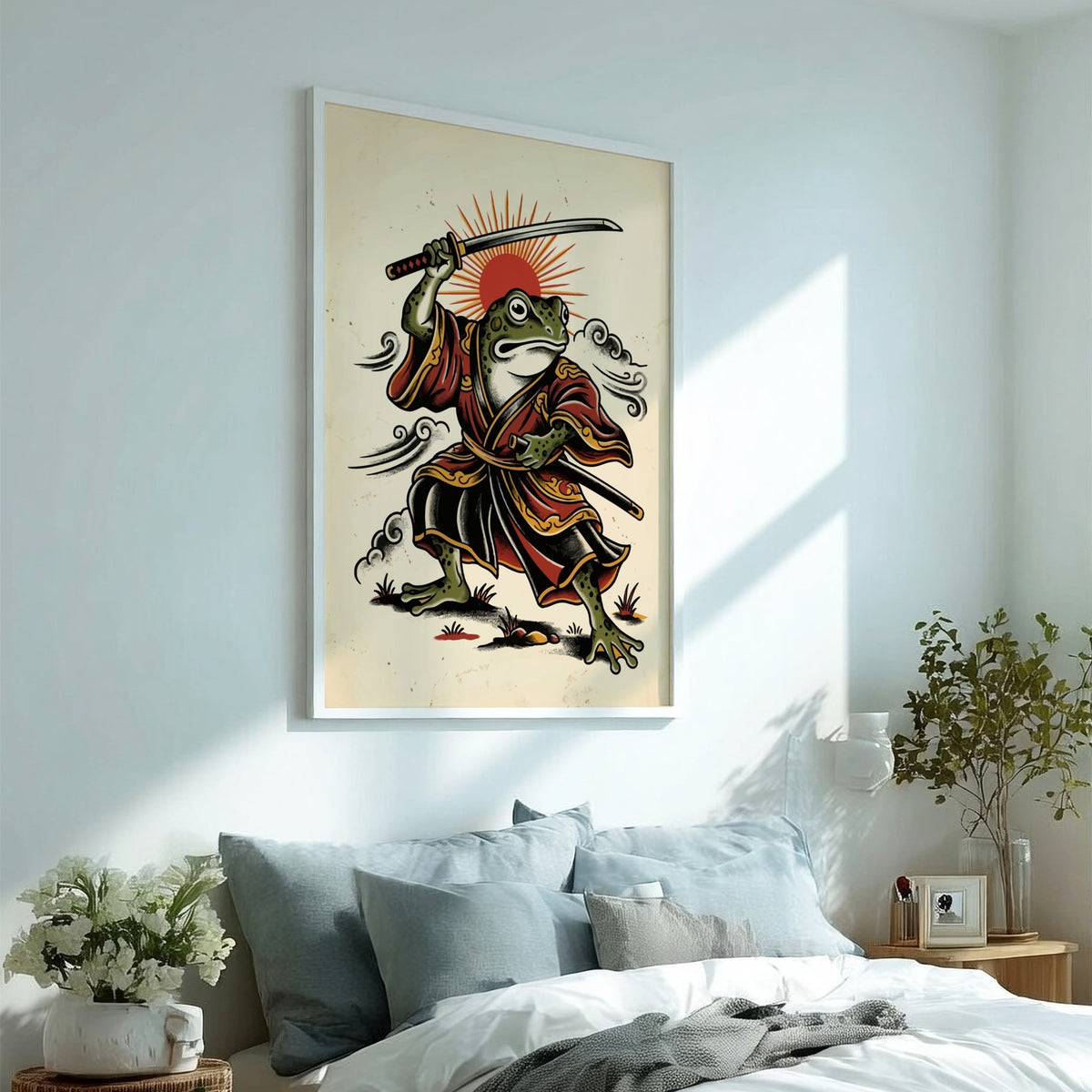 Poster of a samurai frog in red robes wielding a katana with a sun