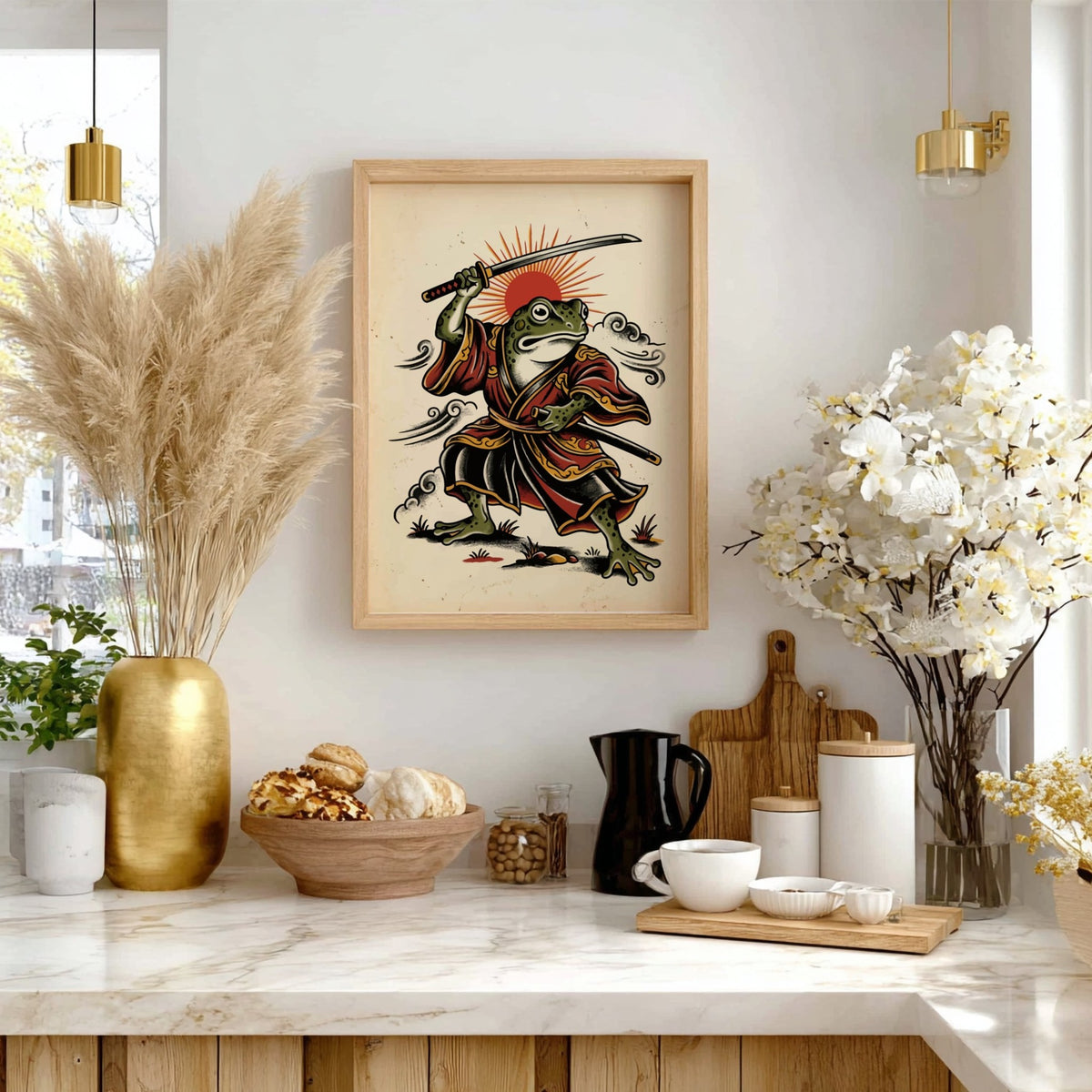 Poster of a samurai frog in red robes wielding a katana with a sun