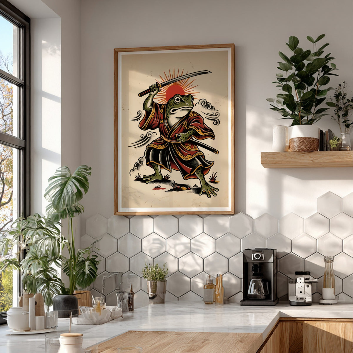 Poster of a samurai frog in red robes wielding a katana with a sun