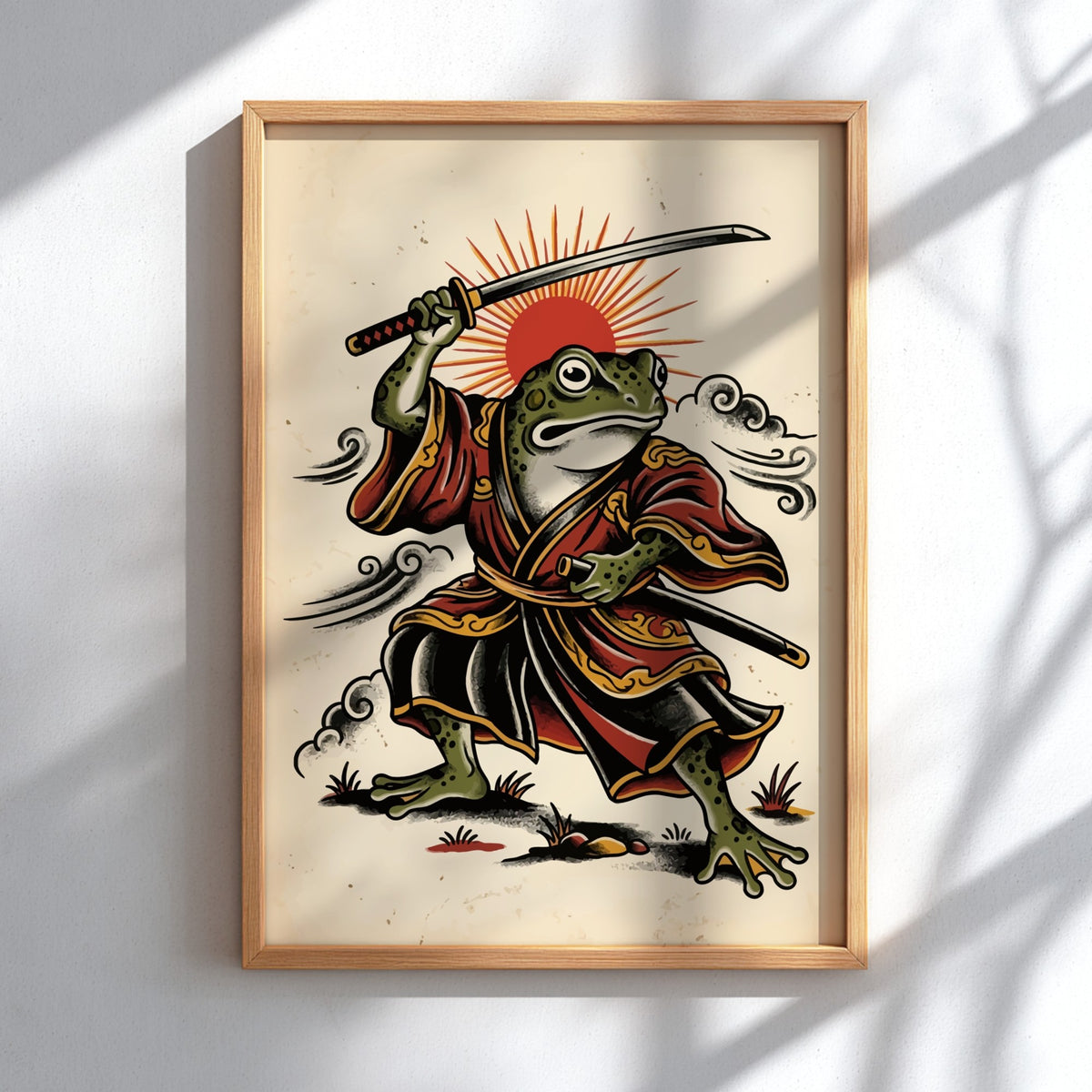 Poster of a samurai frog in red robes wielding a katana with a sun