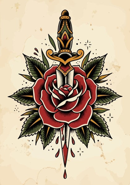 Poster featuring a traditional tattoo style dagger piercing a large red rose with leaves.