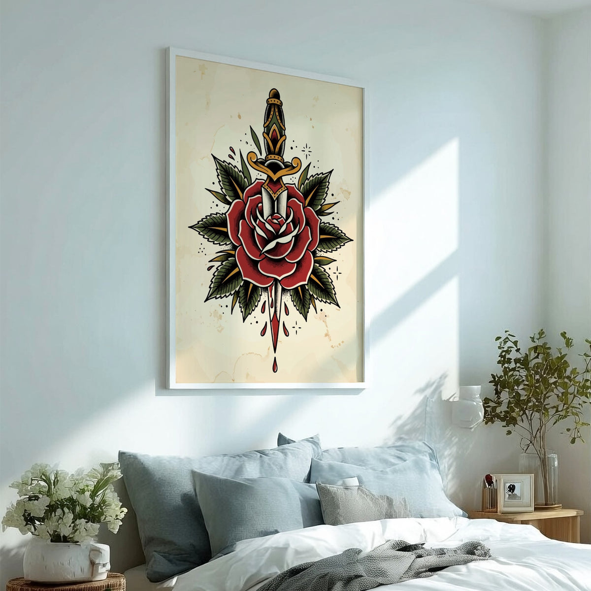 Poster featuring a traditional tattoo style dagger piercing a large red rose with leaves.