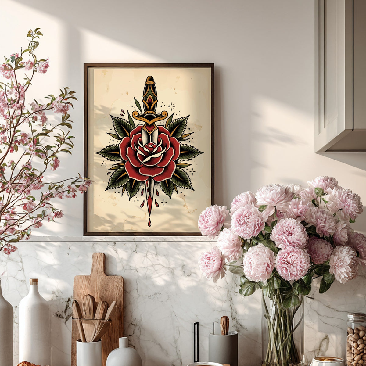 Poster featuring a traditional tattoo style dagger piercing a large red rose with leaves.