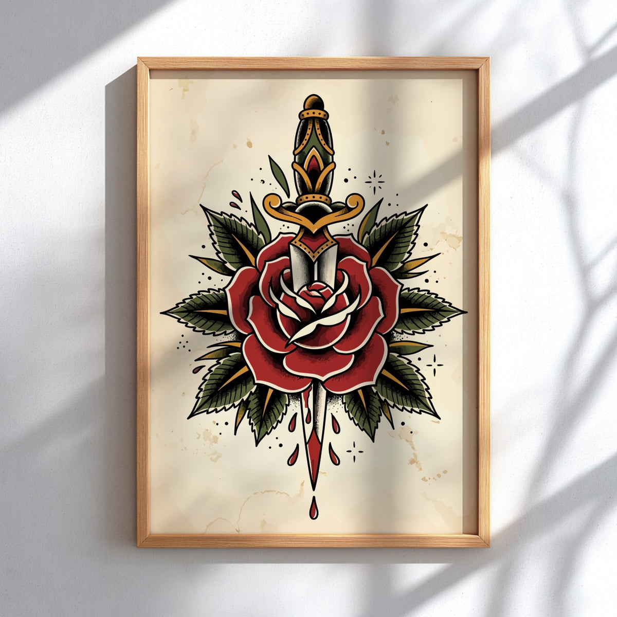 Poster featuring a traditional tattoo style dagger piercing a large red rose with leaves.