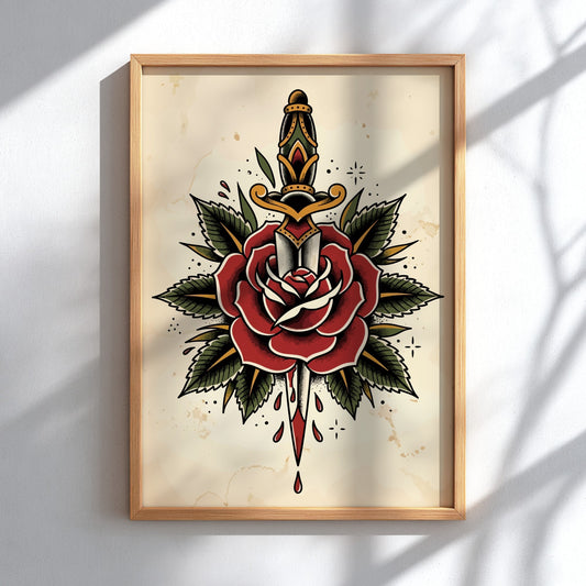 Poster featuring a traditional tattoo style dagger piercing a large red rose with leaves.
