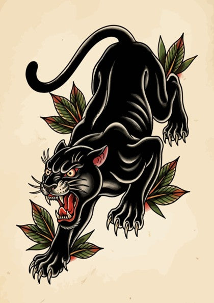 Poster featuring a prowling black panther in American traditional tattoo style with botanical leaves.