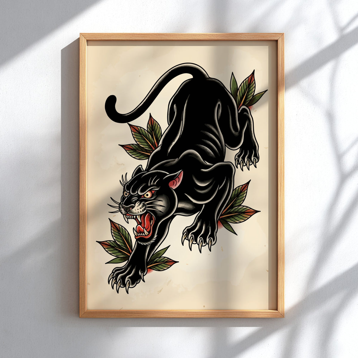 Poster featuring a prowling black panther in American traditional tattoo style with botanical leaves.