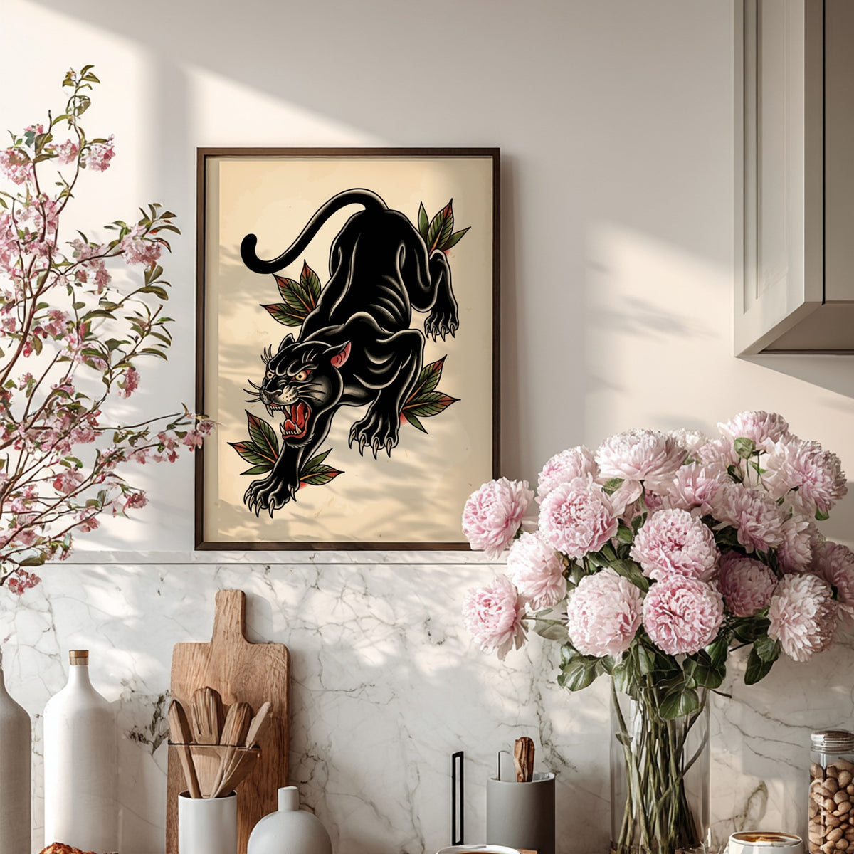 Poster featuring a prowling black panther in American traditional tattoo style with botanical leaves.
