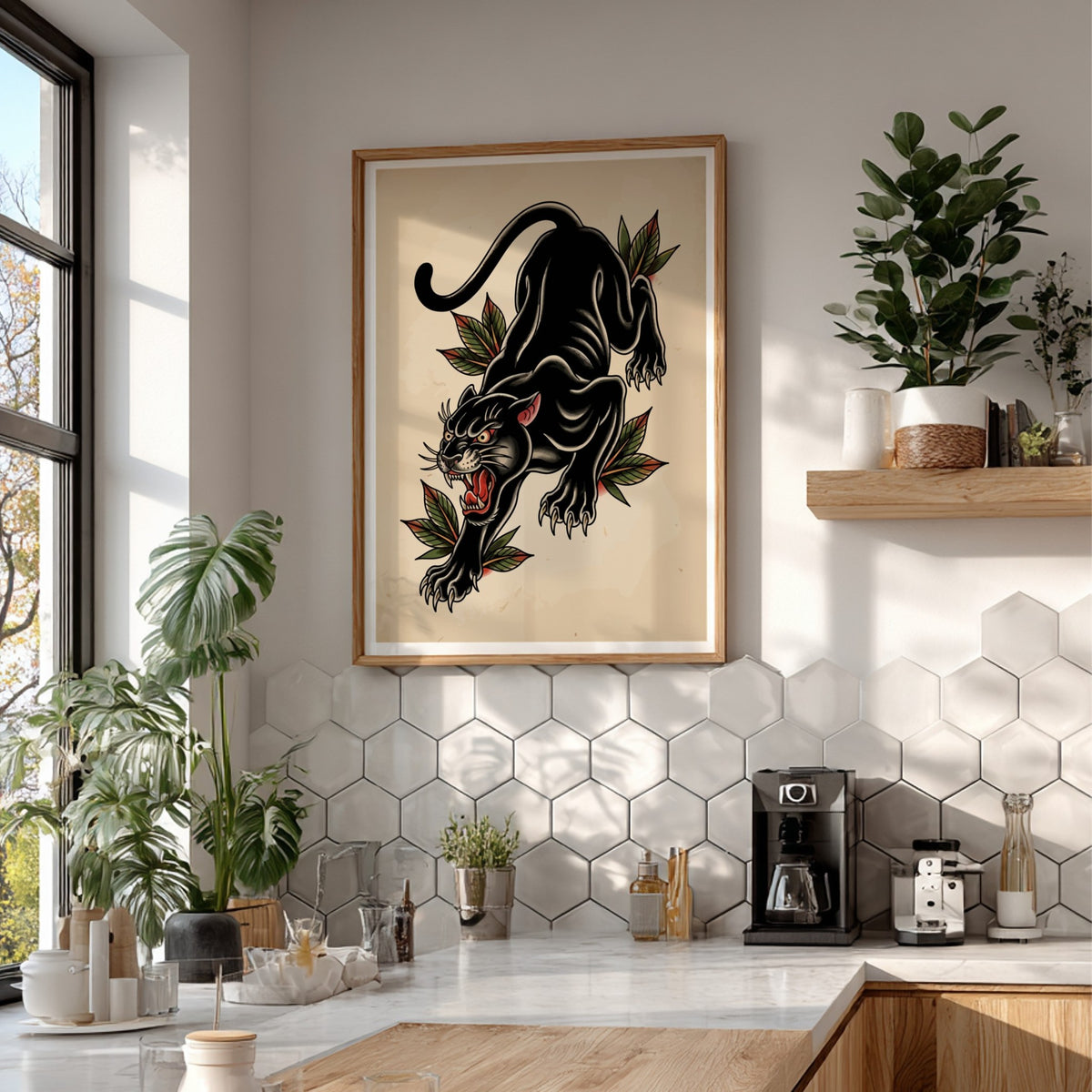 Poster featuring a prowling black panther in American traditional tattoo style with botanical leaves.