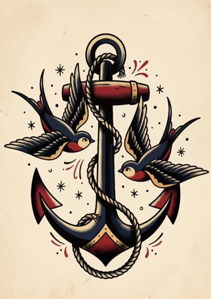 Poster featuring a traditional tattoo style anchor with rope and two swallows birds.