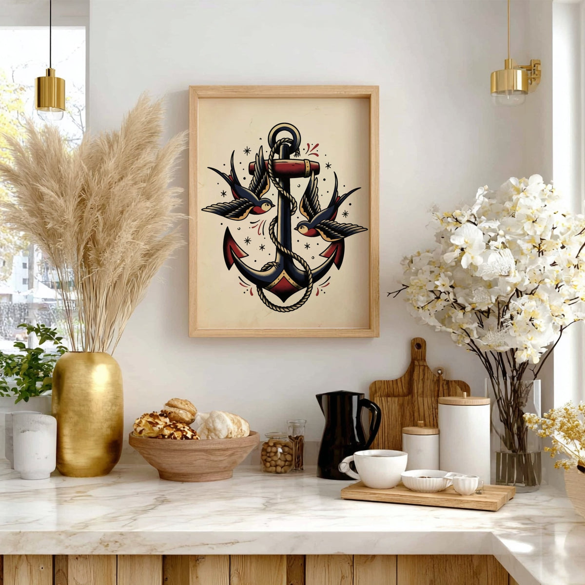 Poster featuring a traditional tattoo style anchor with rope and two swallows birds.