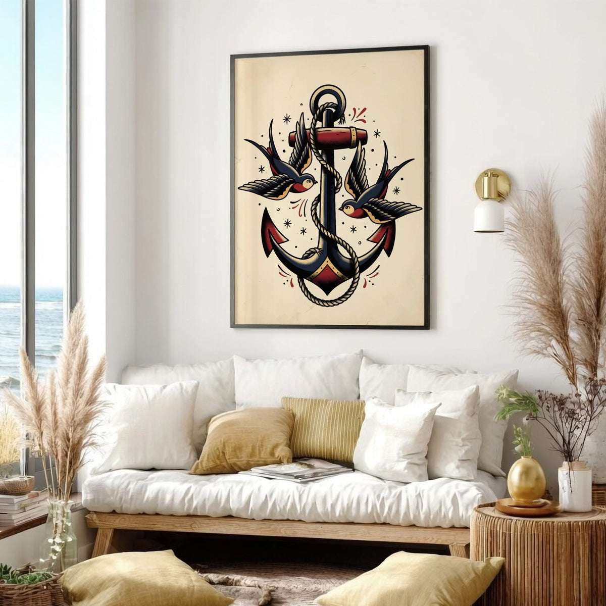 Poster featuring a traditional tattoo style anchor with rope and two swallows birds.
