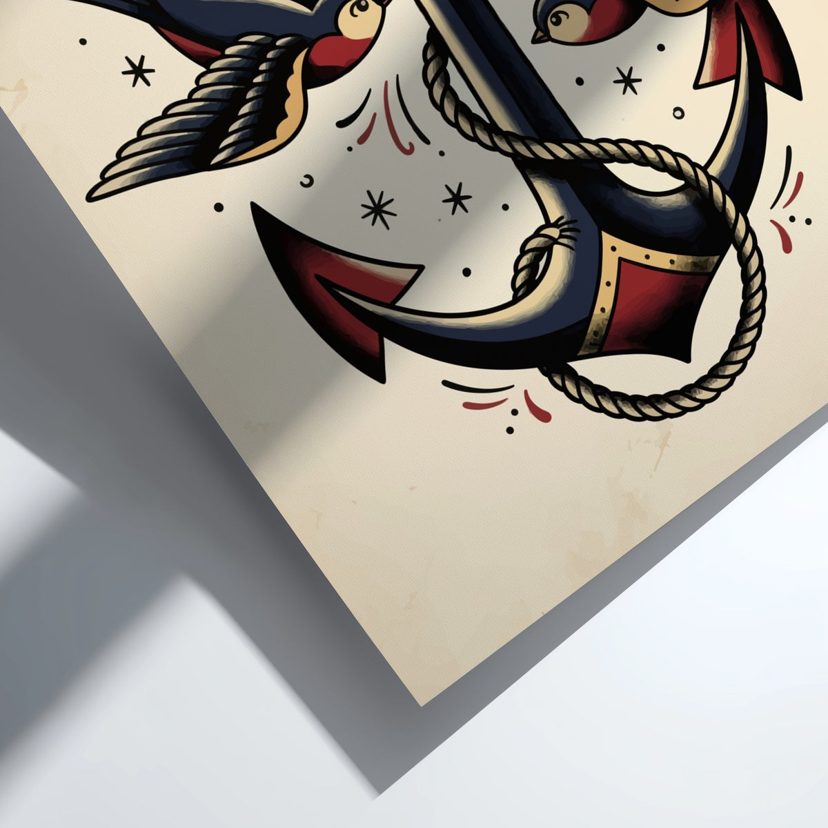 Poster featuring a traditional tattoo style anchor with rope and two swallows birds.