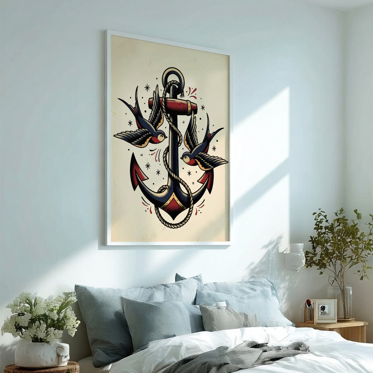 Poster featuring a traditional tattoo style anchor with rope and two swallows birds.