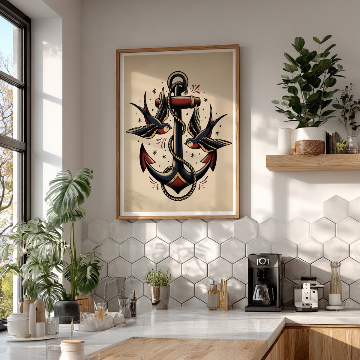 Poster featuring a traditional tattoo style anchor with rope and two swallows birds.