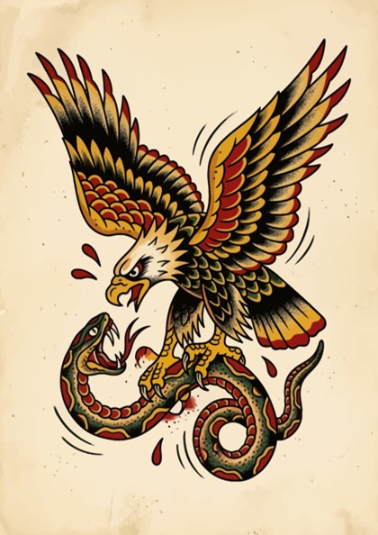 Poster featuring a traditional tattoo eagle fighting a snake in bold vintage ink colors.