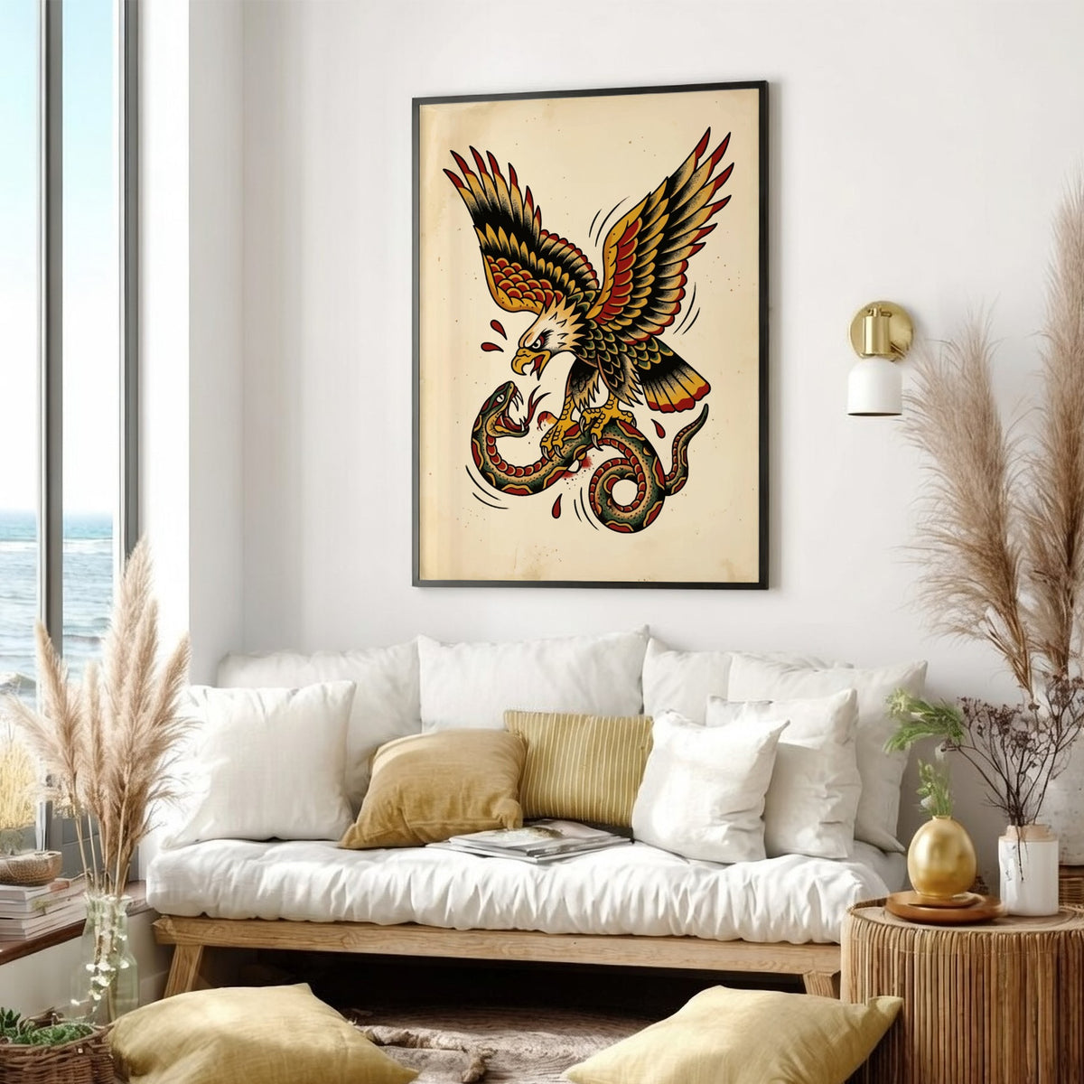 Poster featuring a traditional tattoo eagle fighting a snake in bold vintage ink colors.