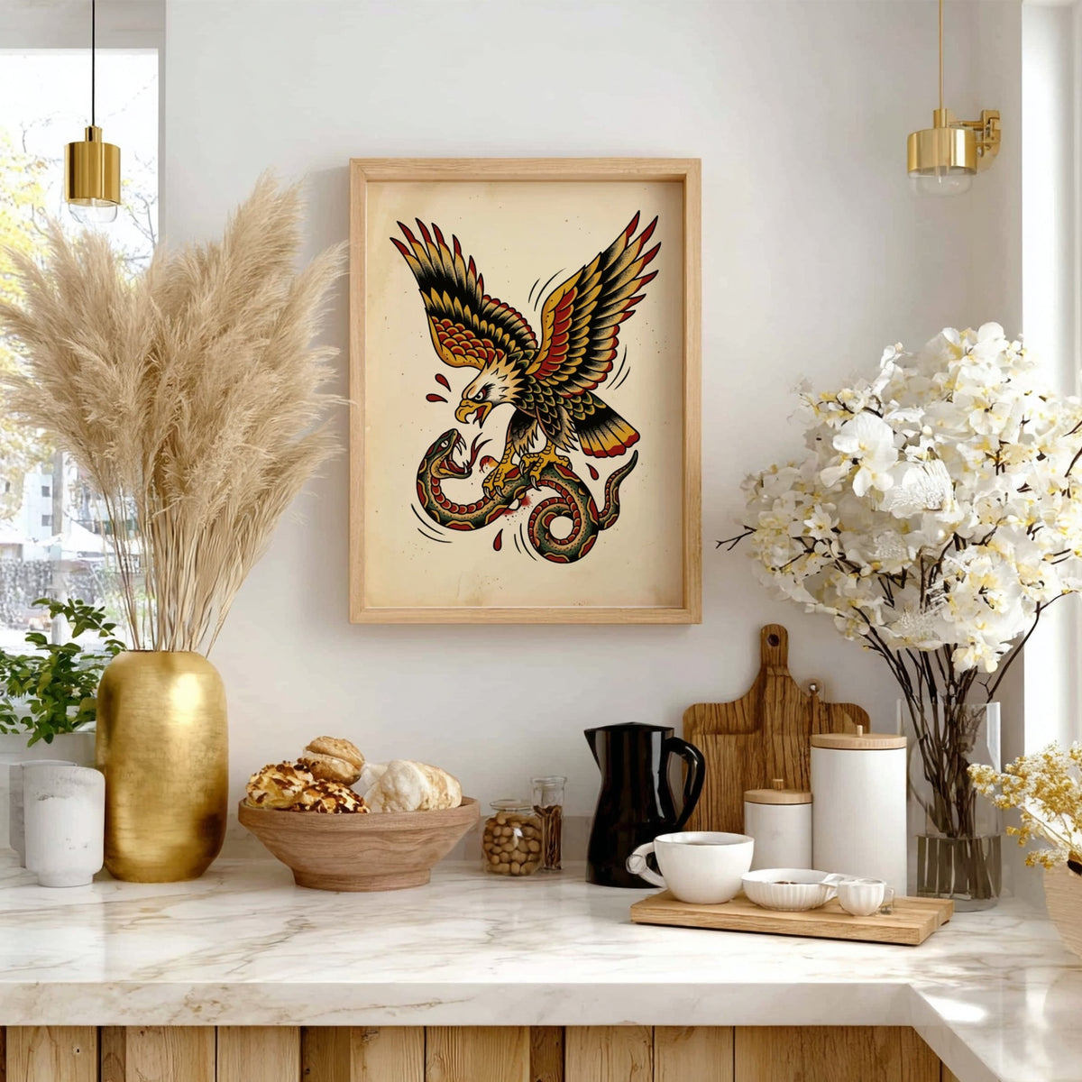 Poster featuring a traditional tattoo eagle fighting a snake in bold vintage ink colors.