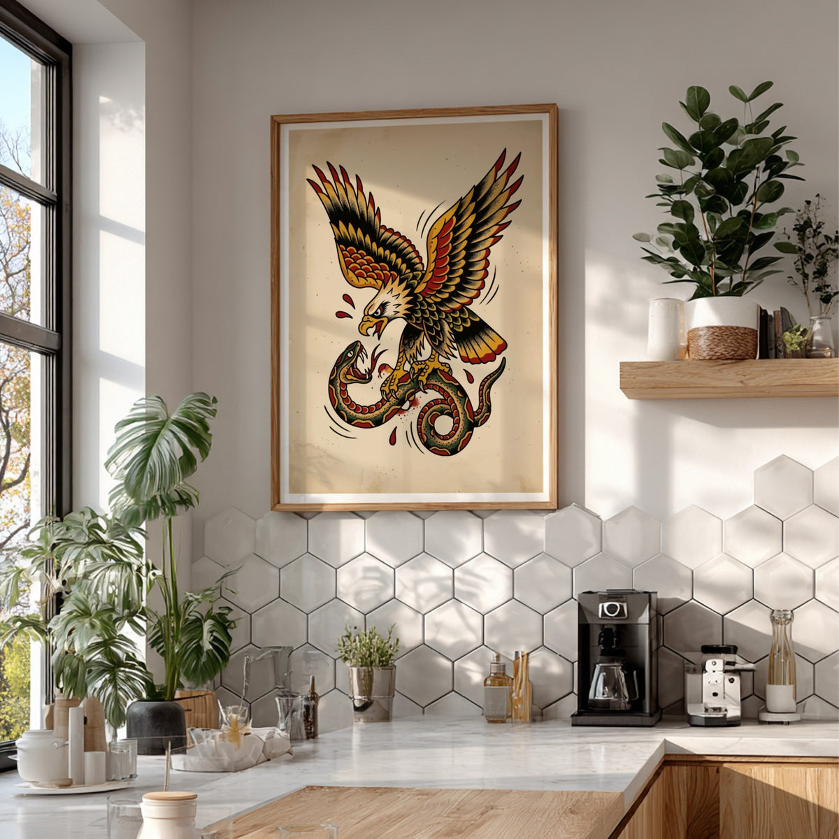 Poster featuring a traditional tattoo eagle fighting a snake in bold vintage ink colors.
