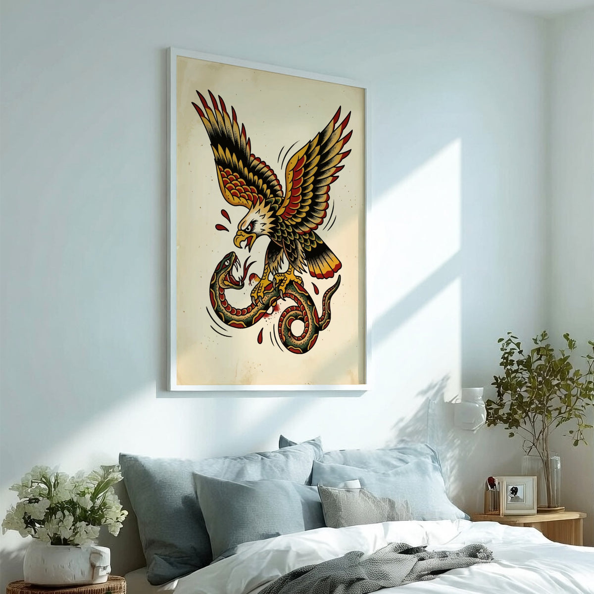 Poster featuring a traditional tattoo eagle fighting a snake in bold vintage ink colors.