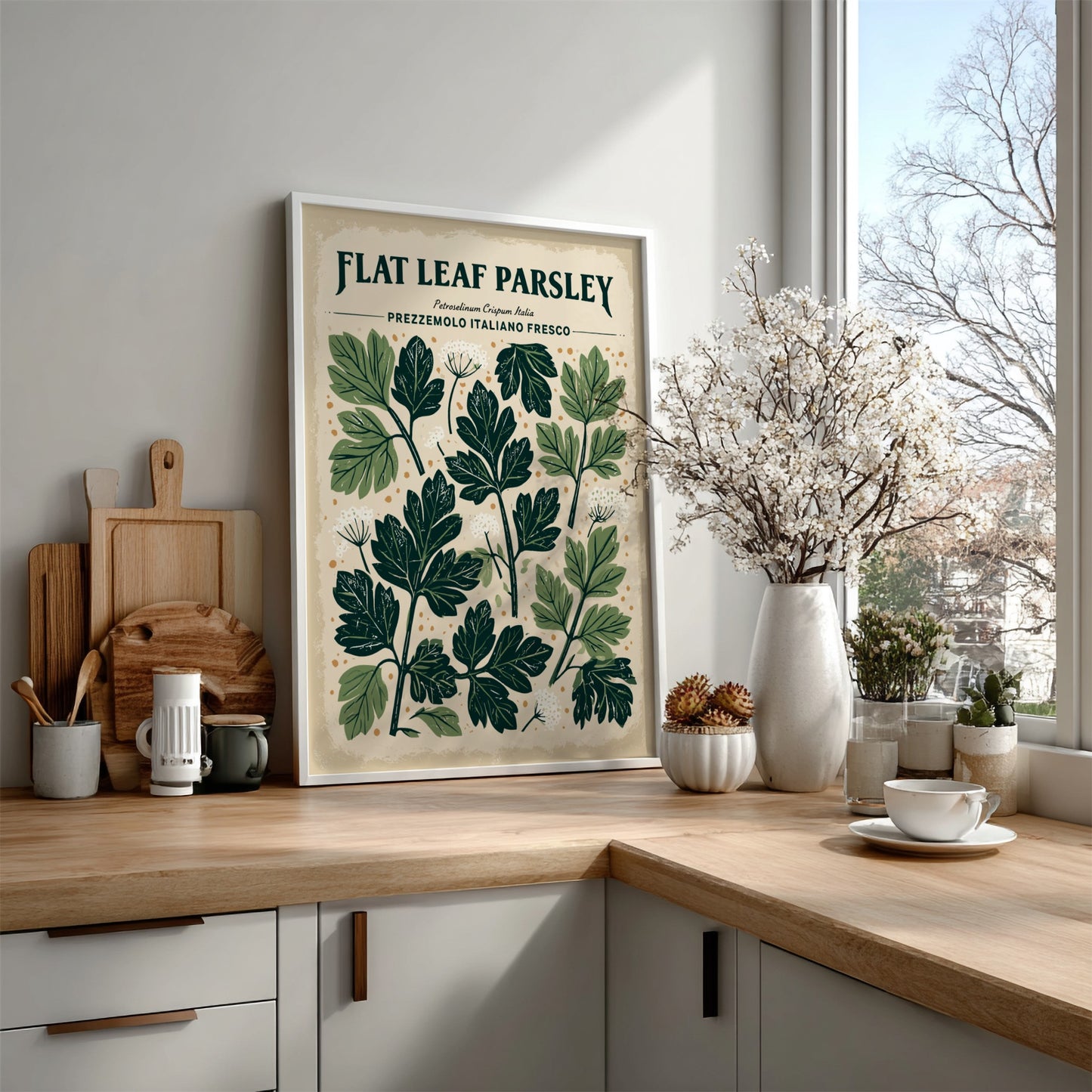 Kitchen poster featuring flat leaf parsley in rich green tones, botanical style, perfect for kitchen decor.