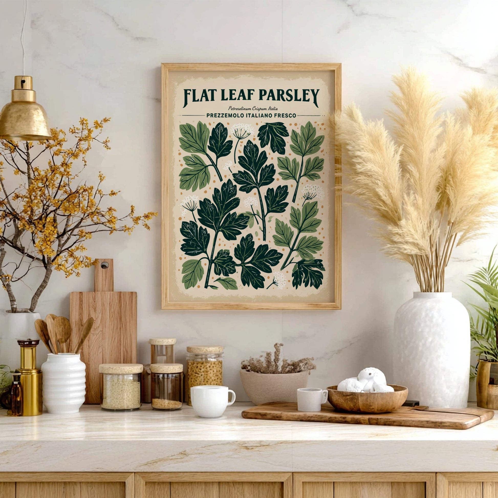 Kitchen poster featuring flat leaf parsley in rich green tones, botanical style, perfect for kitchen decor.