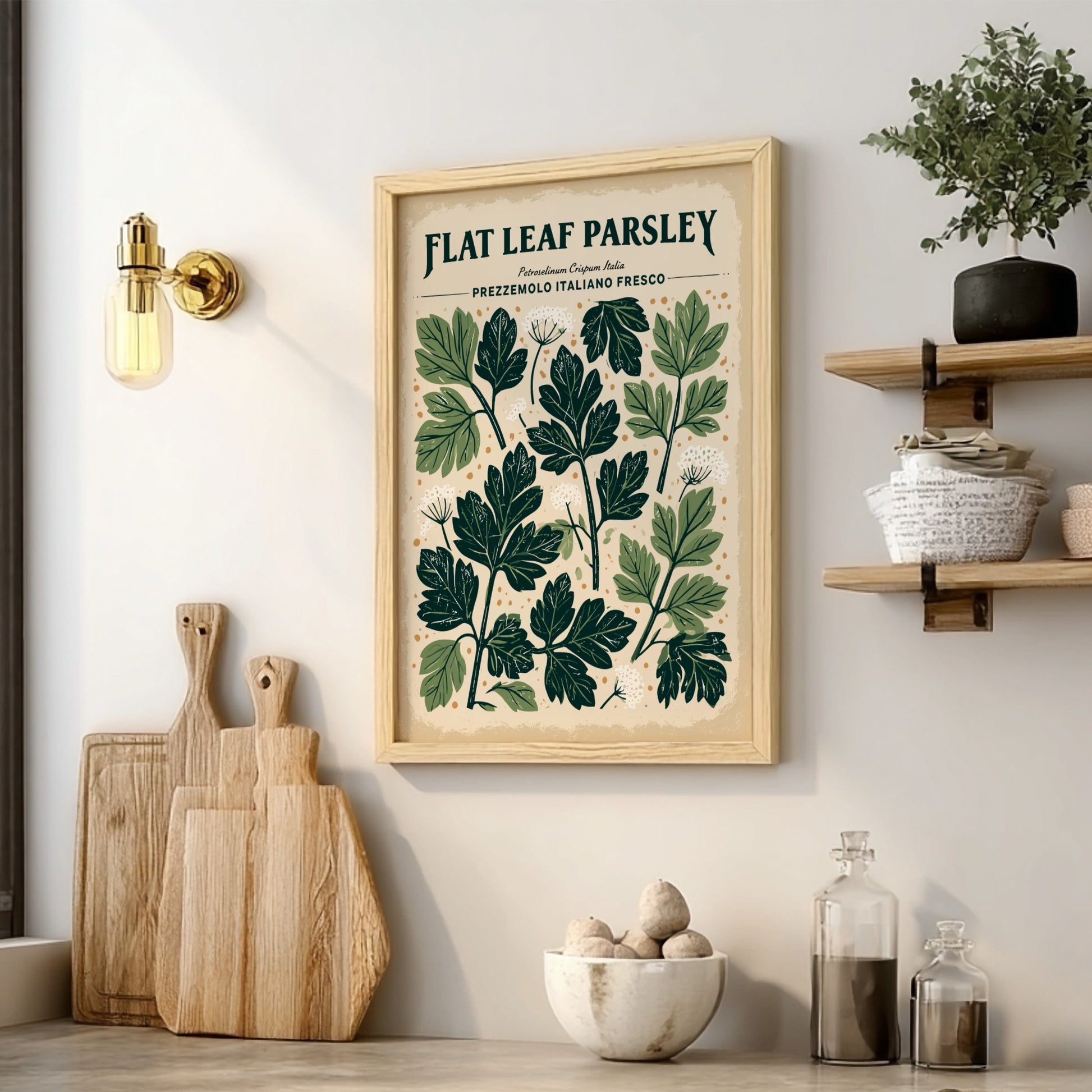 Kitchen poster featuring flat leaf parsley in rich green tones, botanical style, perfect for kitchen decor.