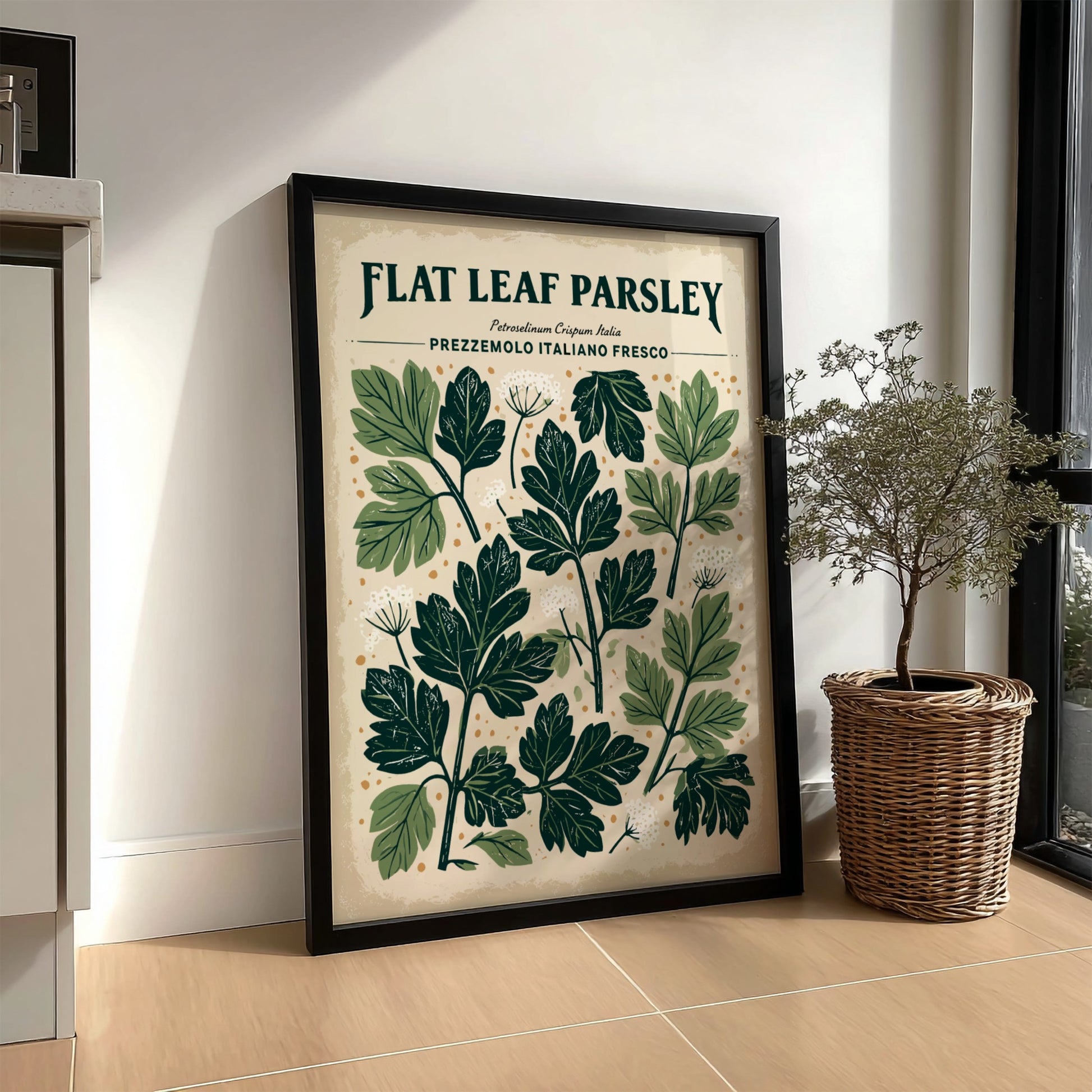 Kitchen poster featuring flat leaf parsley in rich green tones, botanical style, perfect for kitchen decor.