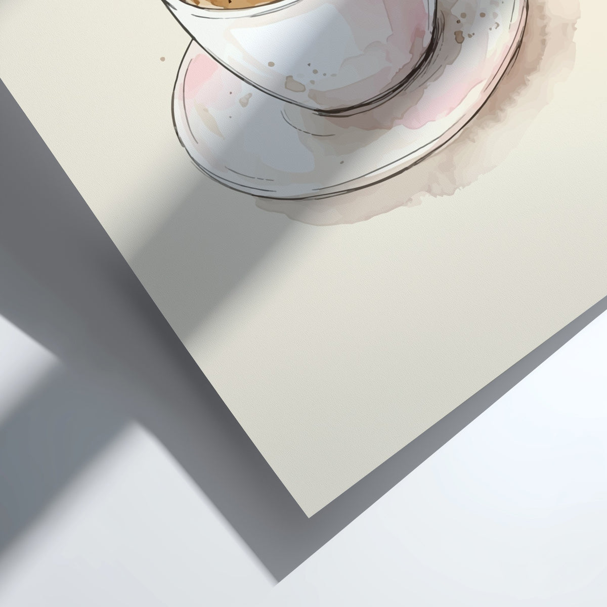 Poster featuring a soft watercolour flat white coffee cup on a cream background.
