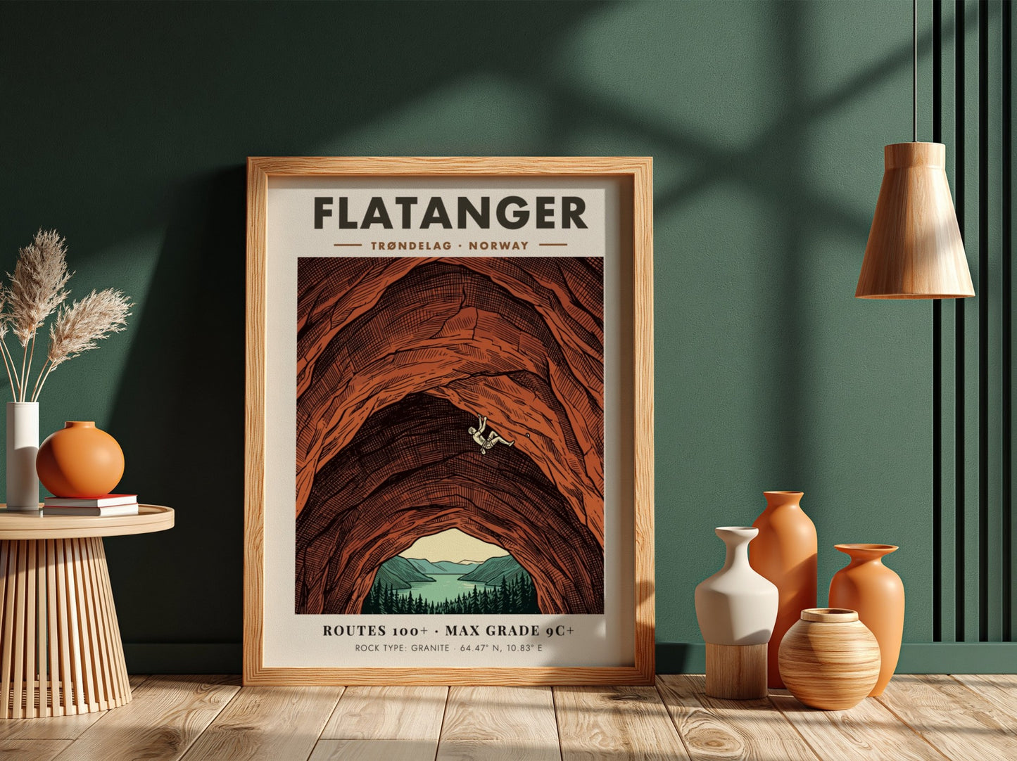 Poster featuring a climber on a massive orange granite wall in Flatanger Norway