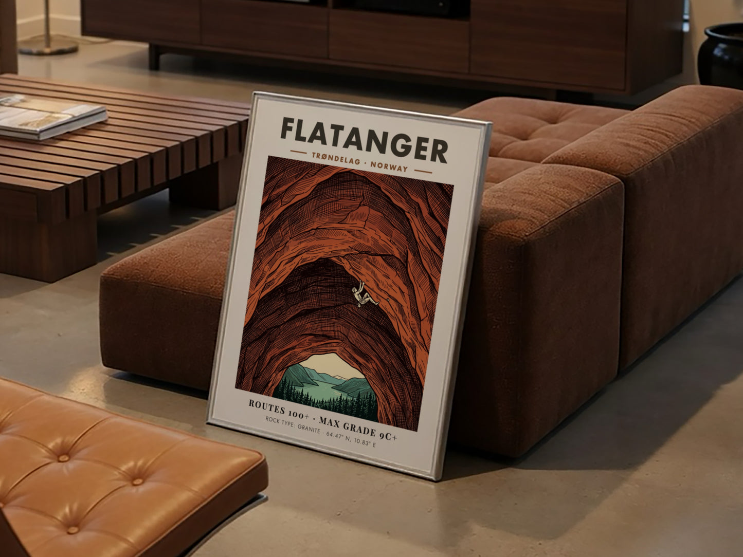 Poster featuring a climber on a massive orange granite wall in Flatanger Norway