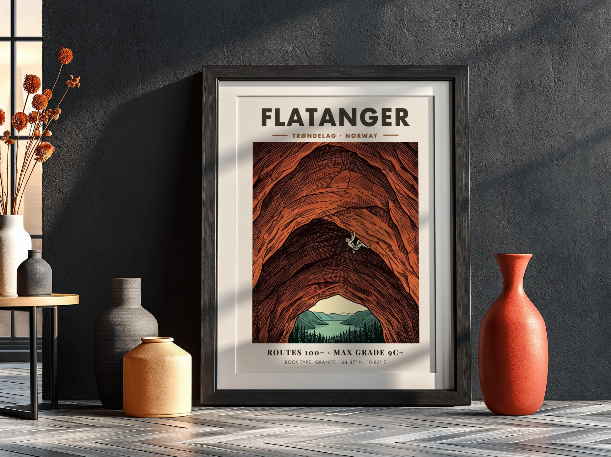 Poster featuring a climber on a massive orange granite wall in Flatanger Norway