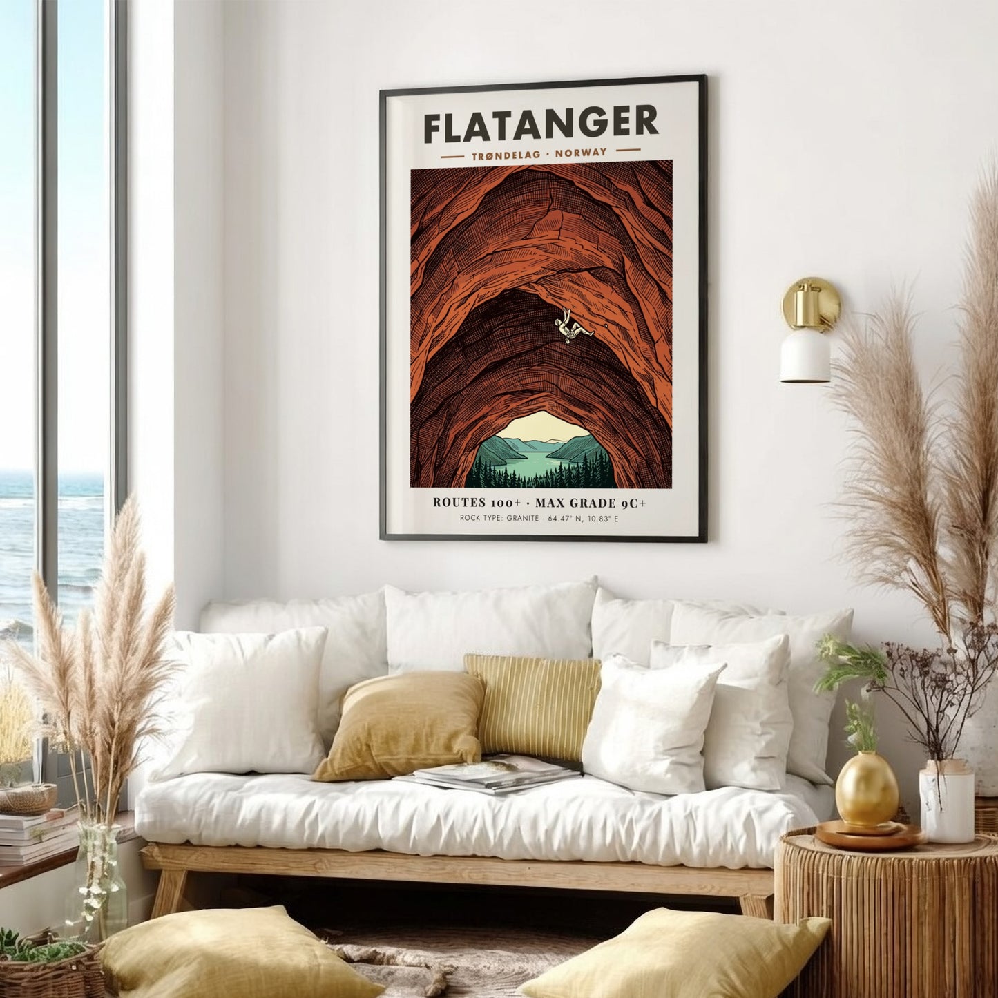 Poster featuring a climber on a massive orange granite wall in Flatanger Norway
