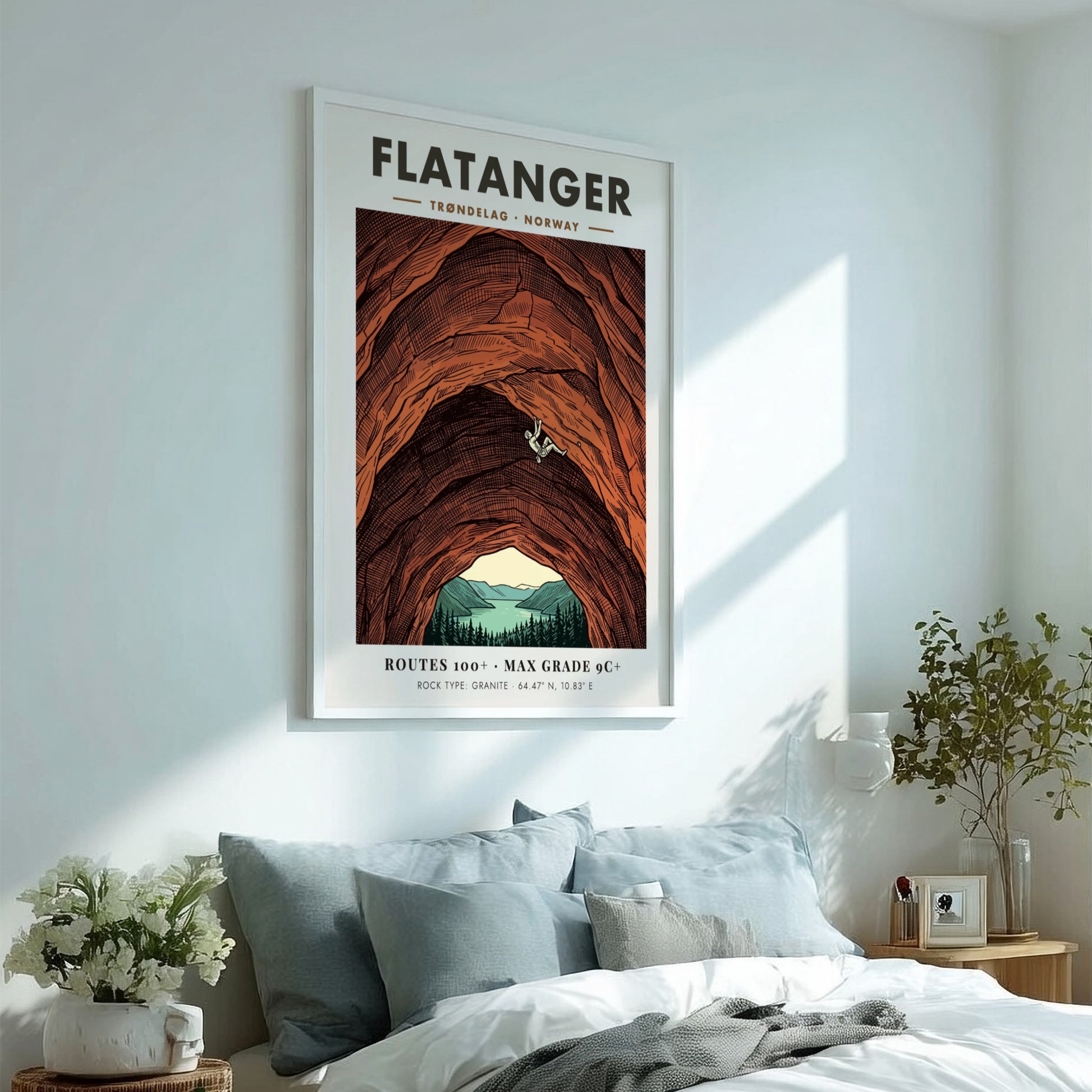 Poster featuring a climber on a massive orange granite wall in Flatanger Norway