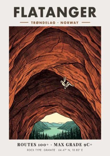 Poster featuring a climber on a massive orange granite wall in Flatanger Norway