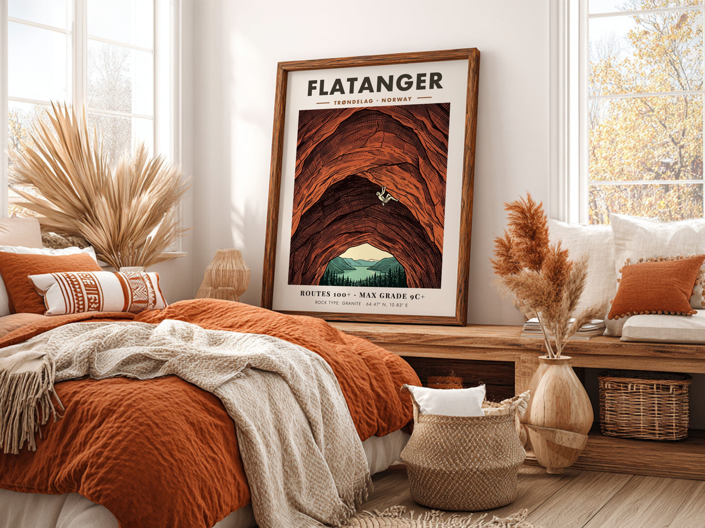 Poster featuring a climber on a massive orange granite wall in Flatanger Norway