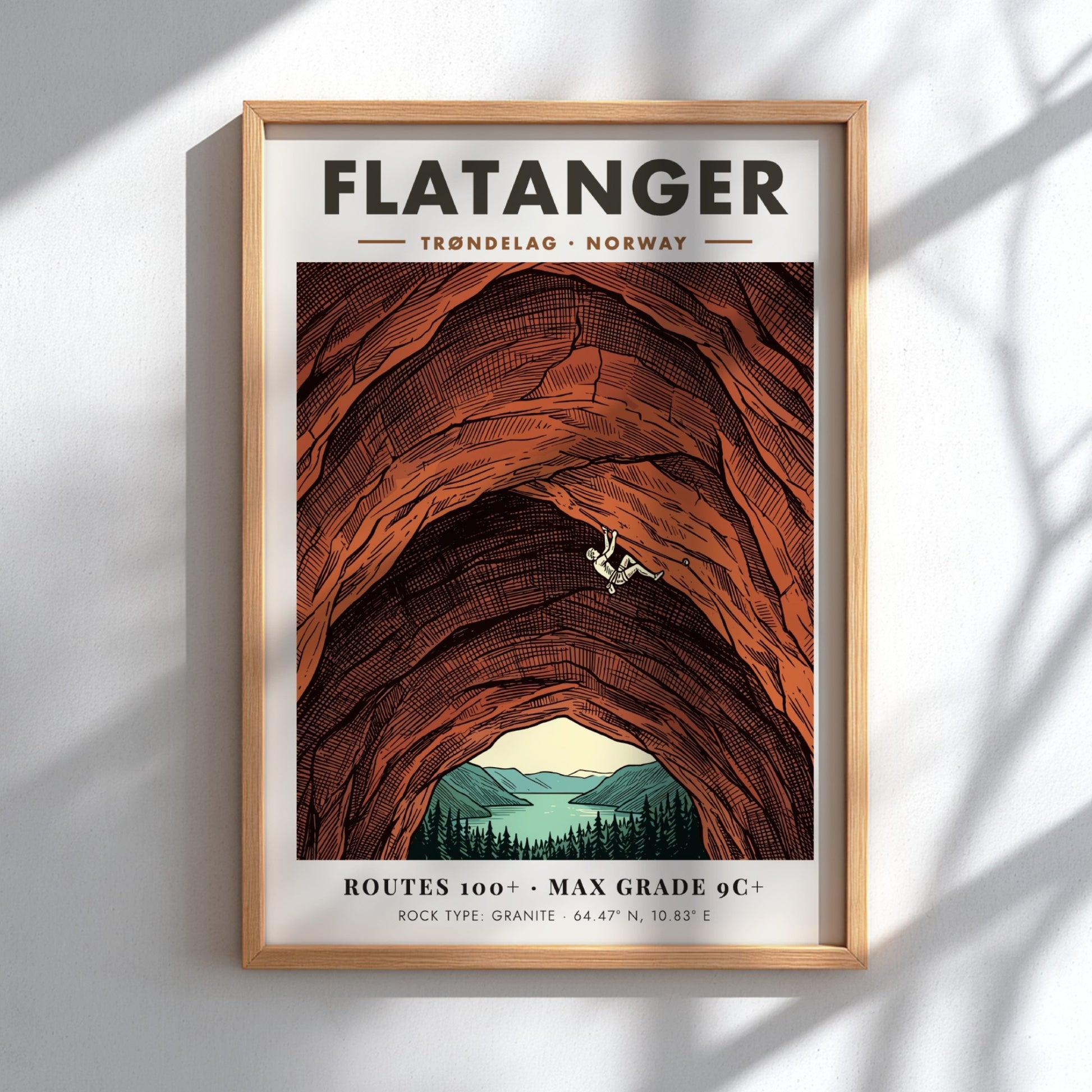 Poster featuring a climber on a massive orange granite wall in Flatanger Norway