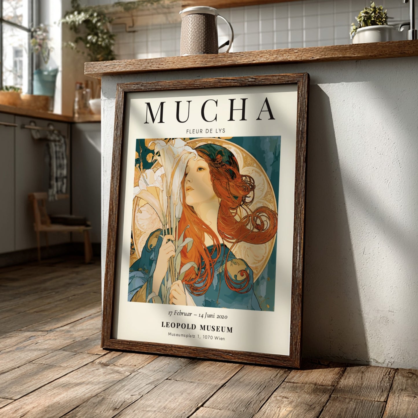 Fleur de Lys poster featuring Alphonse Mucha's Art Nouveau style with vibrant colors and floral elements