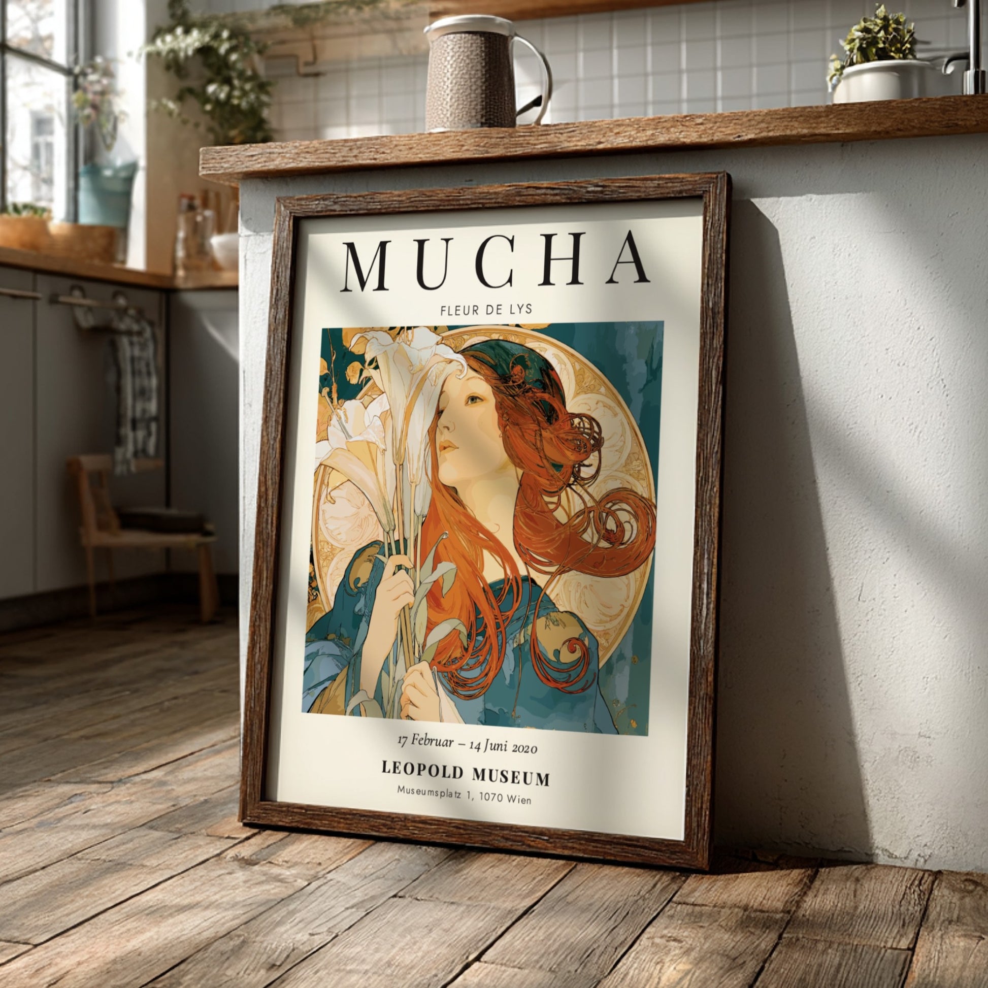 Fleur de Lys poster featuring Alphonse Mucha's Art Nouveau style with vibrant colors and floral elements