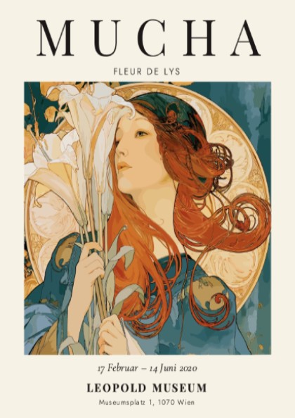 Fleur de Lys poster featuring Alphonse Mucha's Art Nouveau style with vibrant colors and floral elements