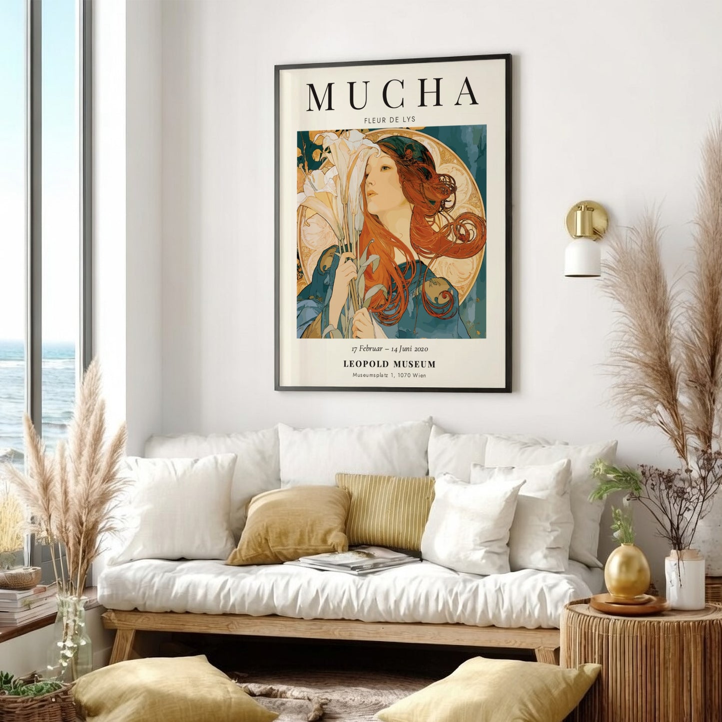 Fleur de Lys poster featuring Alphonse Mucha's Art Nouveau style with vibrant colors and floral elements