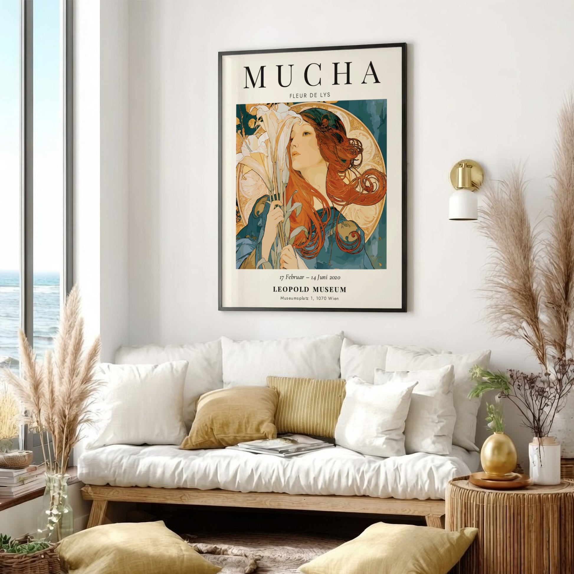 Fleur de Lys poster featuring Alphonse Mucha's Art Nouveau style with vibrant colors and floral elements
