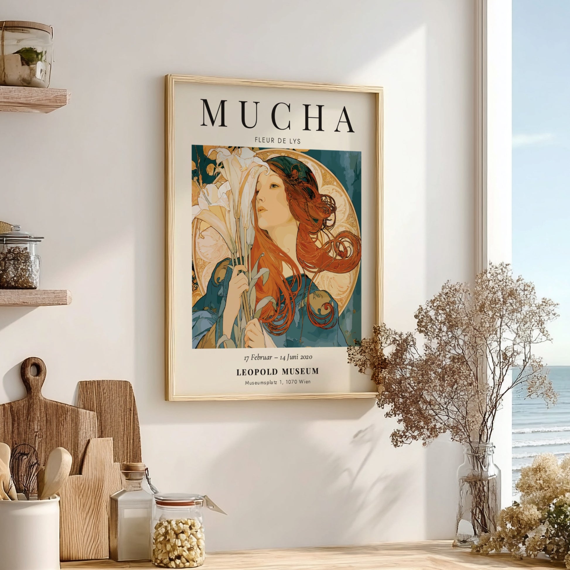 Fleur de Lys poster featuring Alphonse Mucha's Art Nouveau style with vibrant colors and floral elements