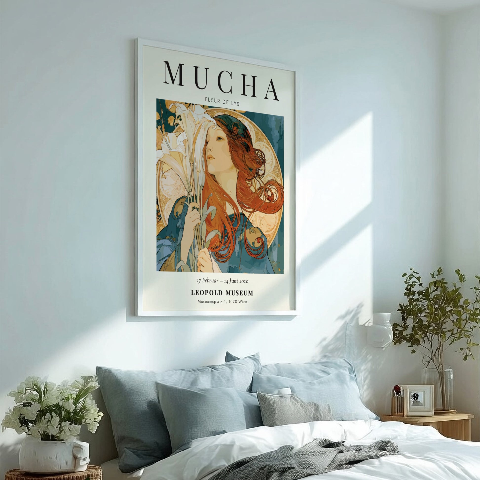 Fleur de Lys poster featuring Alphonse Mucha's Art Nouveau style with vibrant colors and floral elements
