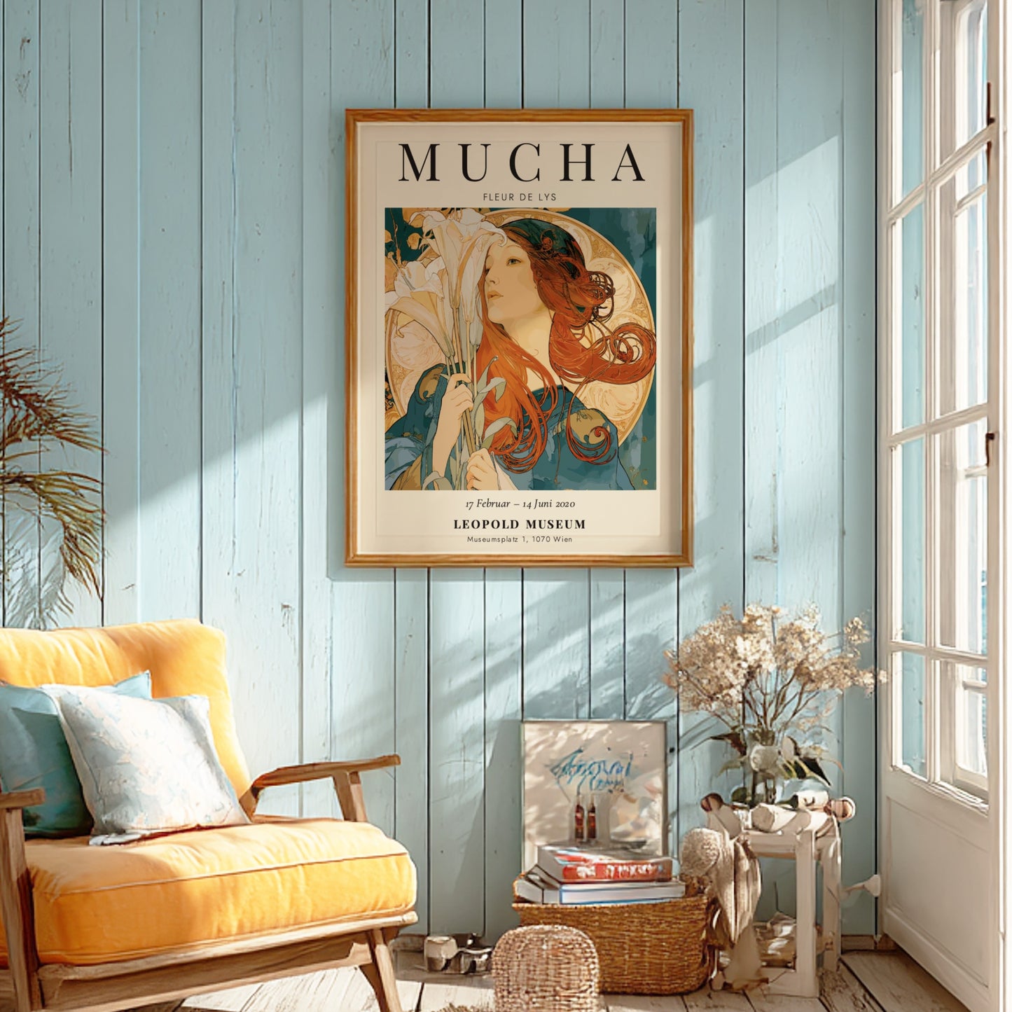 Fleur de Lys poster featuring Alphonse Mucha's Art Nouveau style with vibrant colors and floral elements