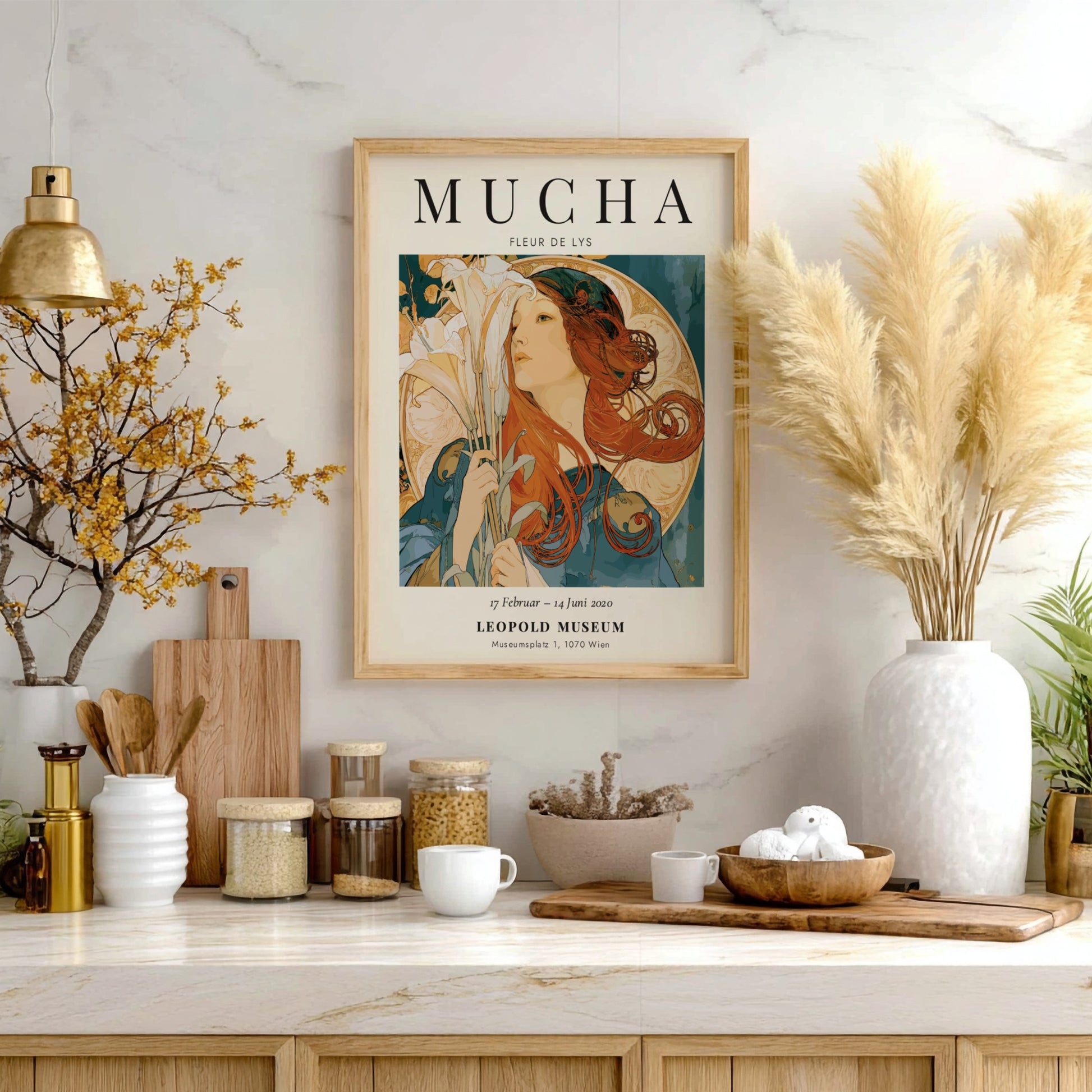 Fleur de Lys poster featuring Alphonse Mucha's Art Nouveau style with vibrant colors and floral elements