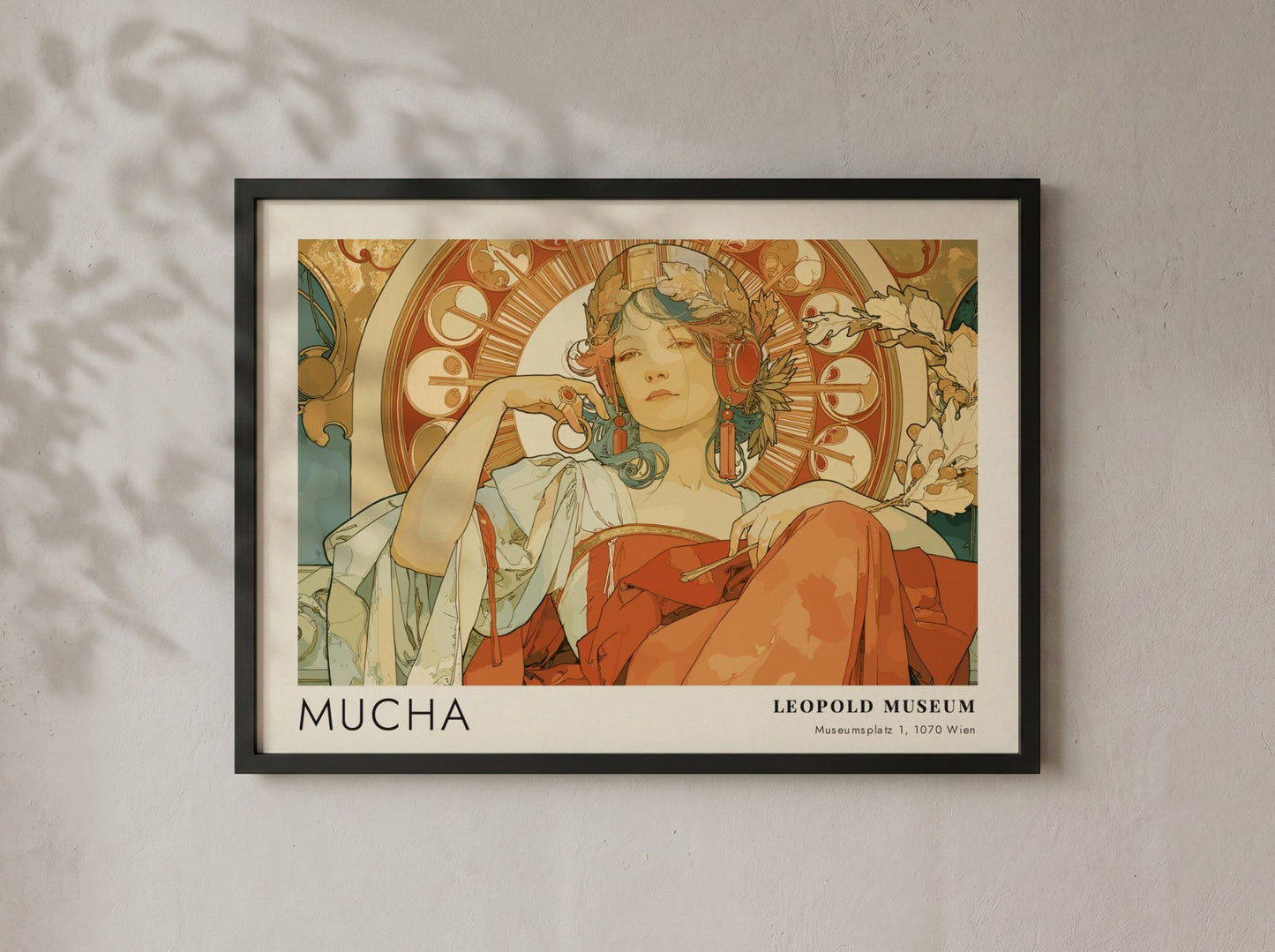 Wall art poster featuring an Alphonse Mucha illustration with a woman in terracotta tones.