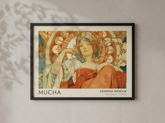 Wall art poster featuring an Alphonse Mucha illustration with a woman in terracotta tones.