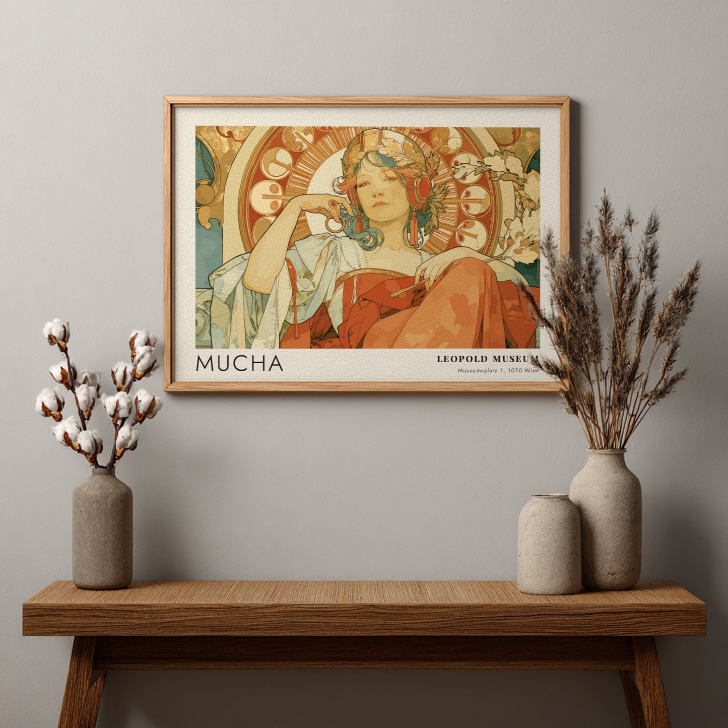 Wall art poster featuring an Alphonse Mucha illustration with a woman in terracotta tones.